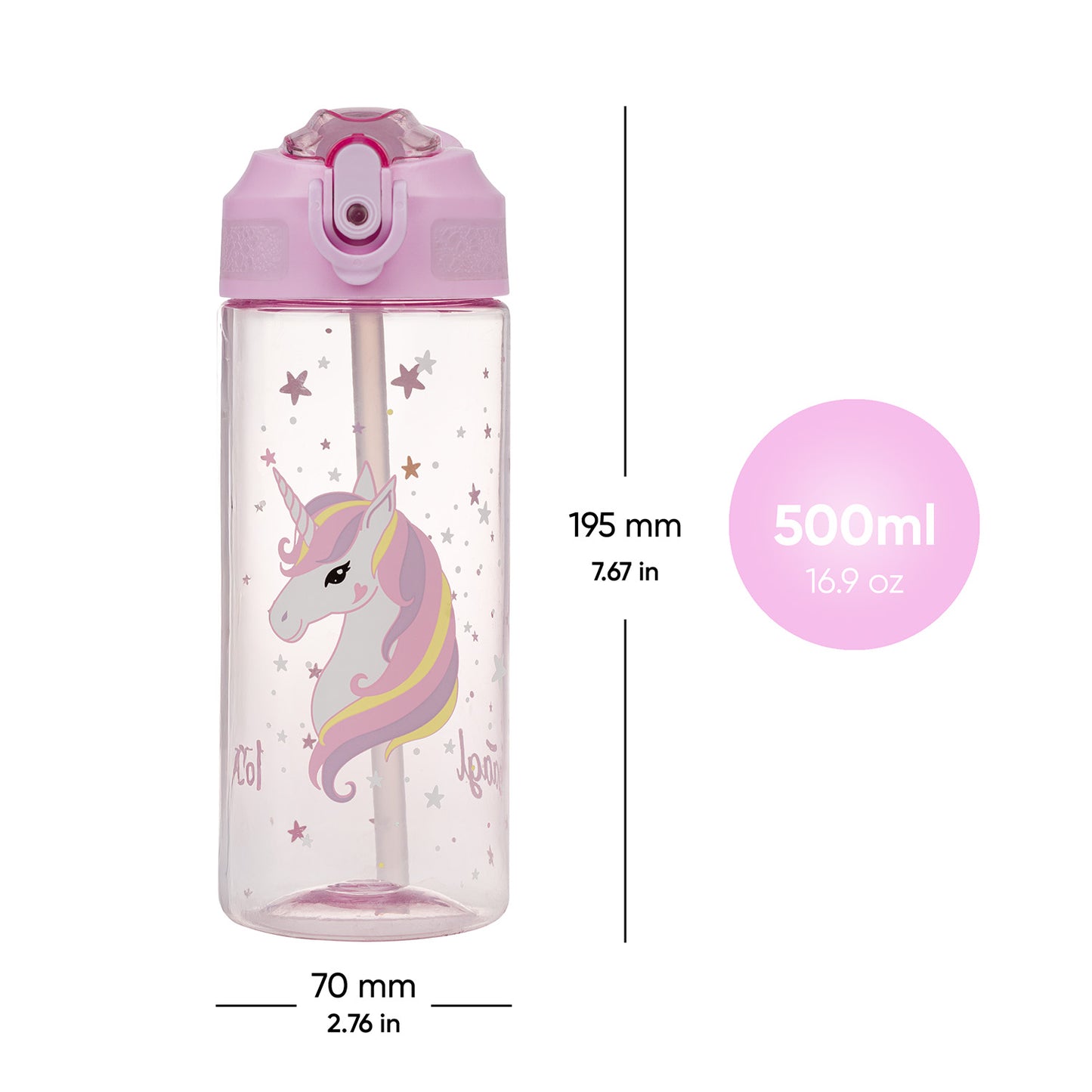 Tritan bottle with straw Rainbow Unicorn, 500 ml
