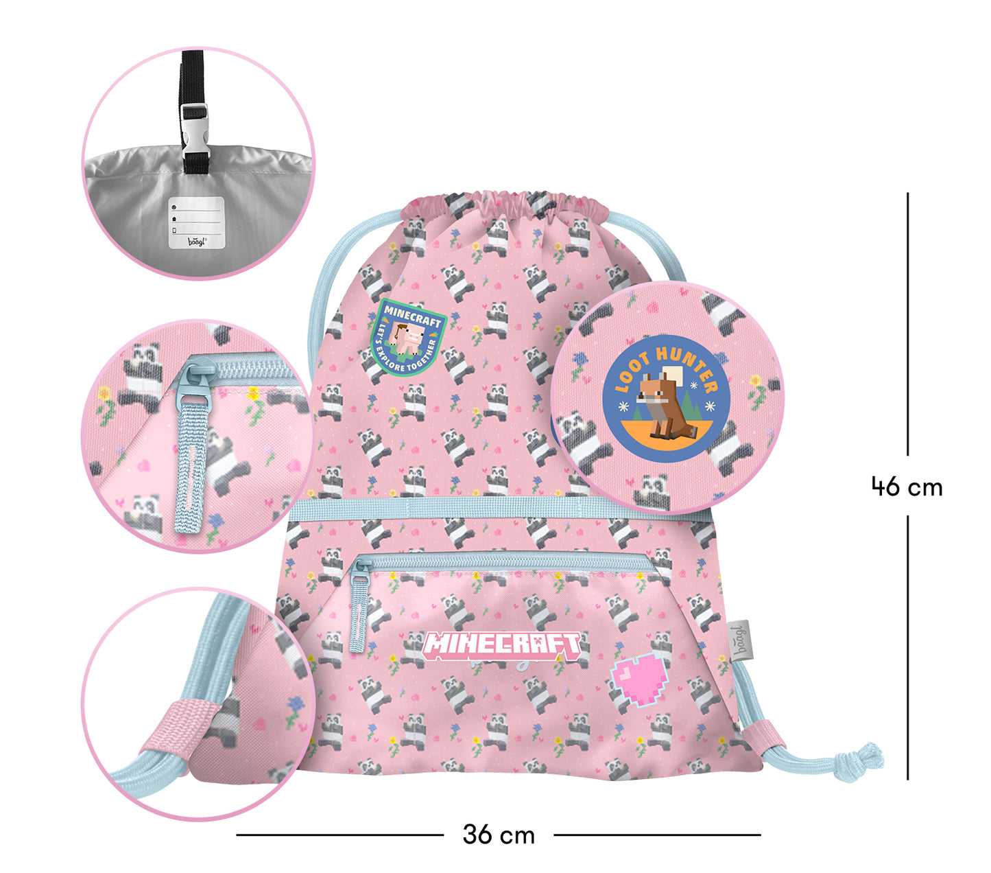 Gym sack with zip pocket Minecraft Panda