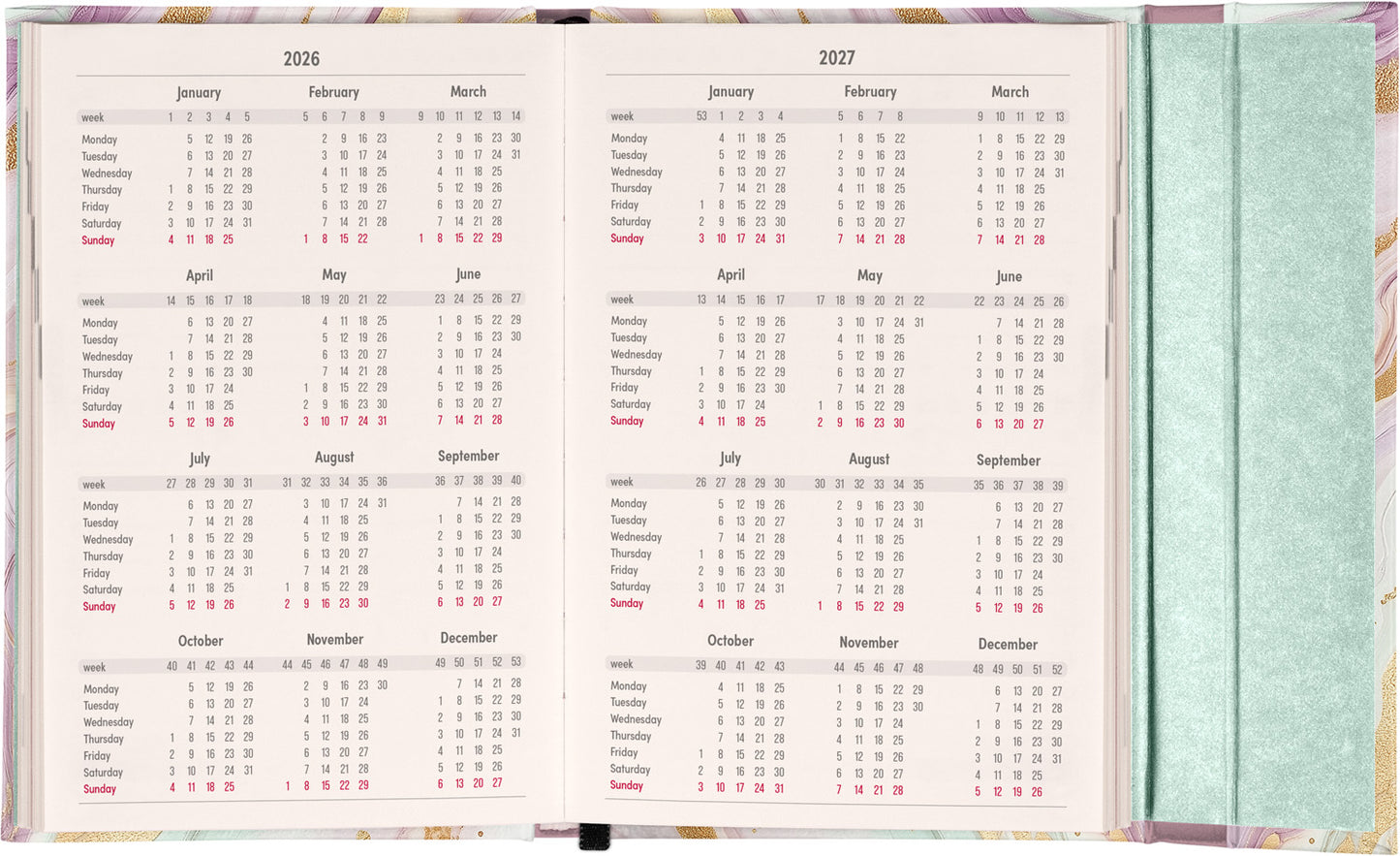 Magnetic weekly planner Pink Marble 2026, 11 x 16 cm