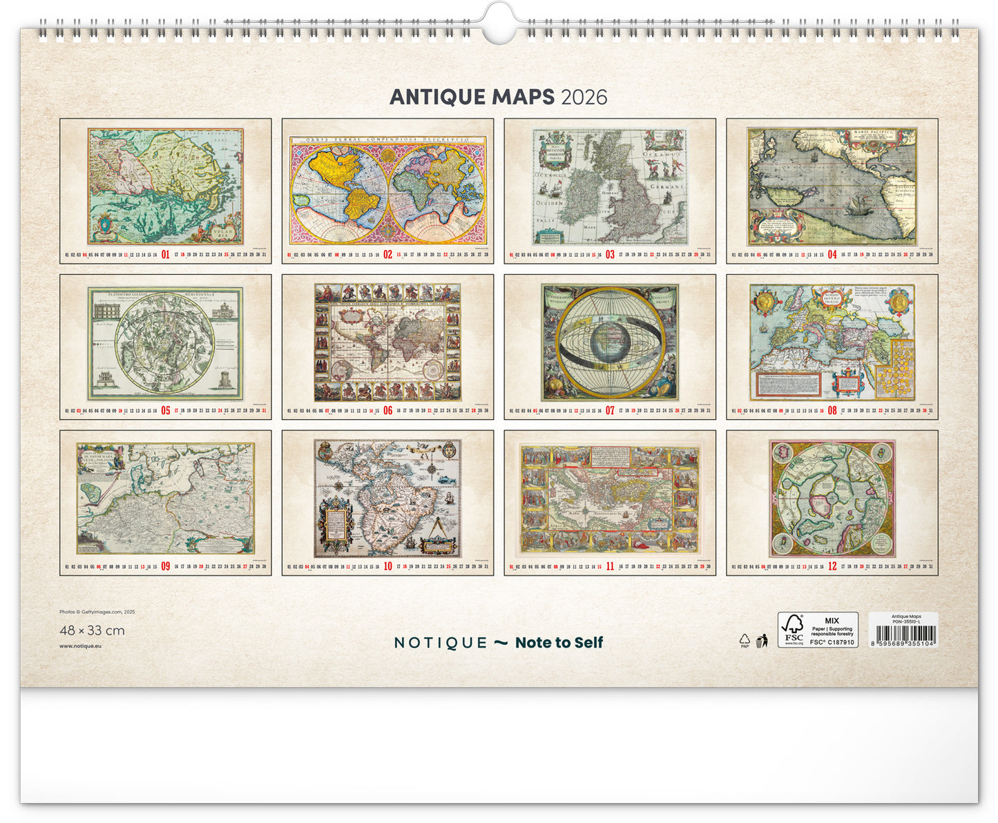 Wall calendar Antique maps 2026, 48 x 33 cm