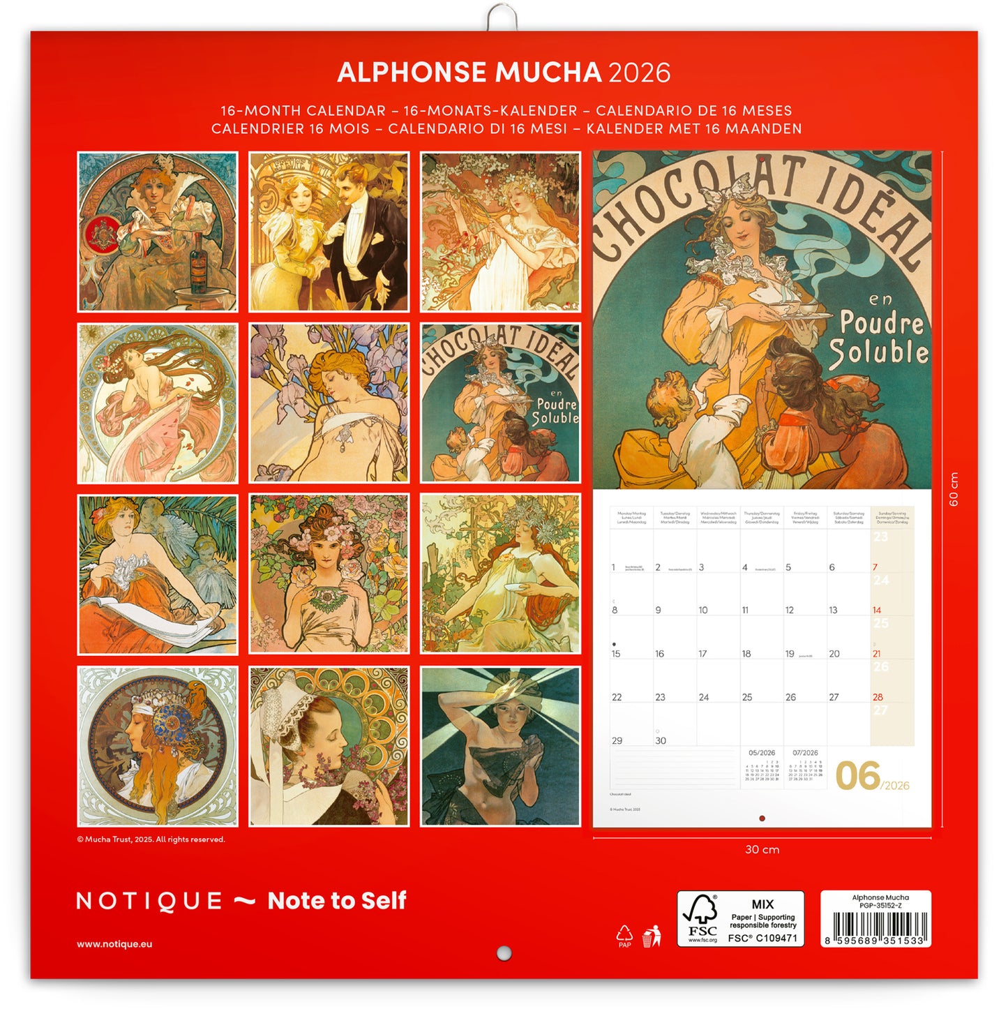 Grid calendar Alphonse Mucha 2026, 30 x 30 cm