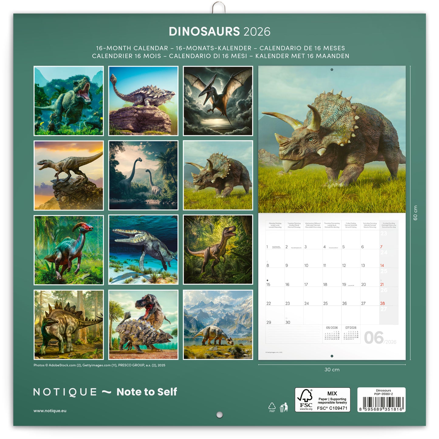 Grid calendar Dinosaurs 2026, 30 x 30 cm