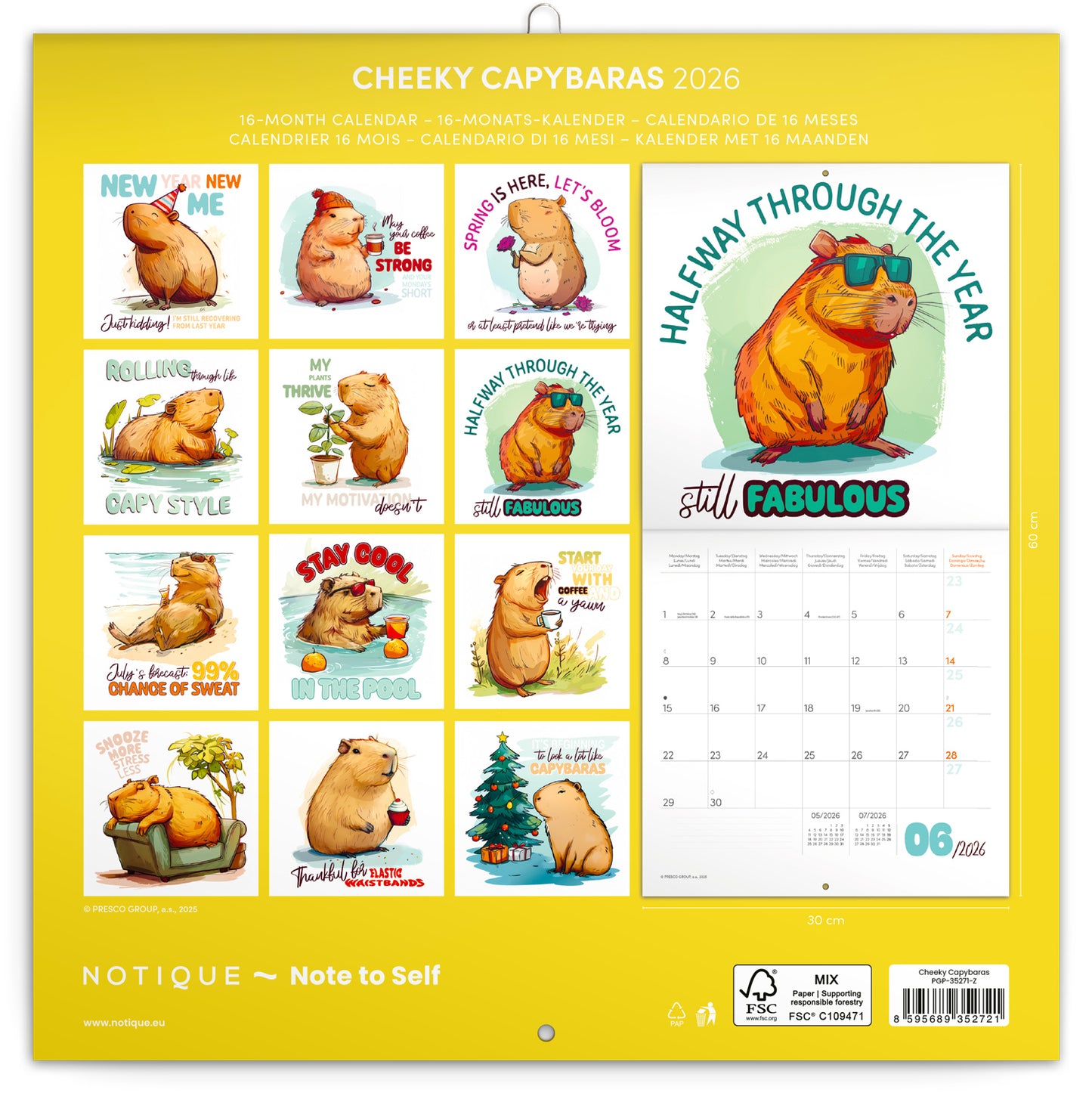 Grid calendar Cheeky Capybaras 2026, 30 x 30 cm