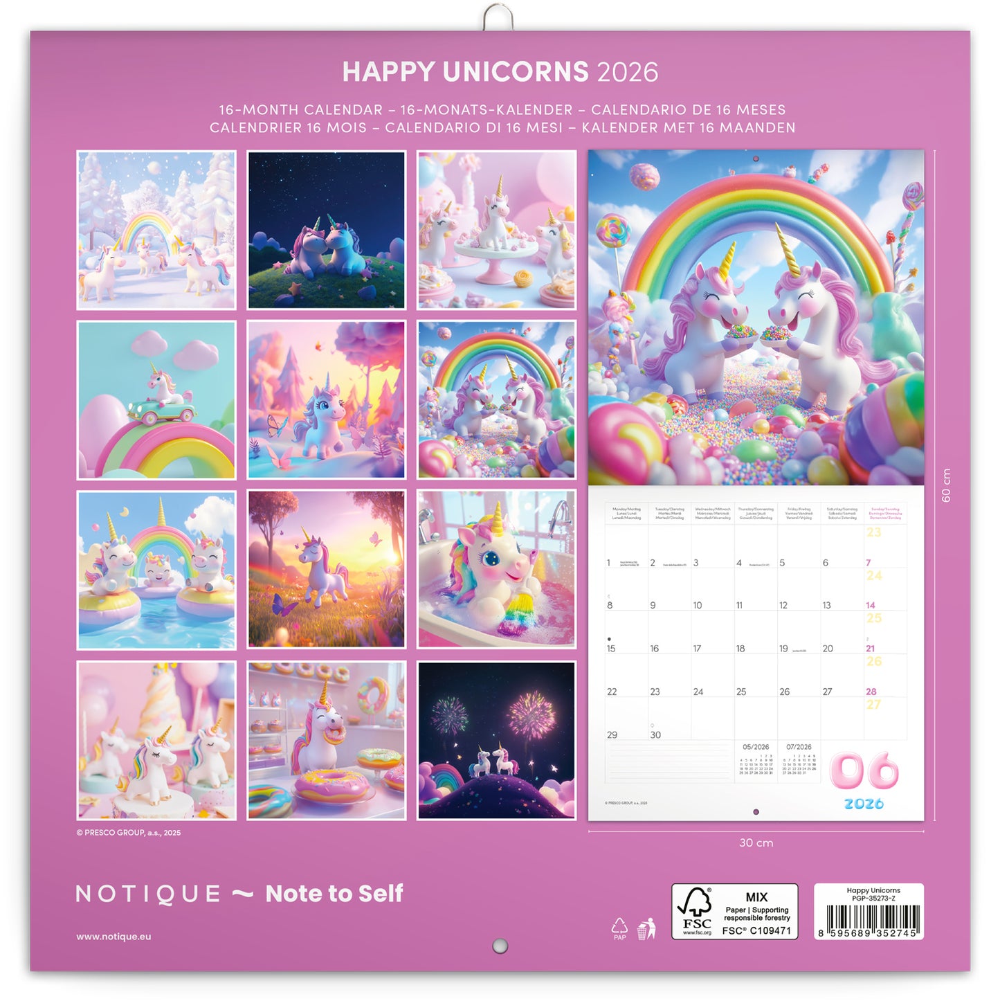 Grid calendar Happy Unicorns 2026, 30 x 30 cm