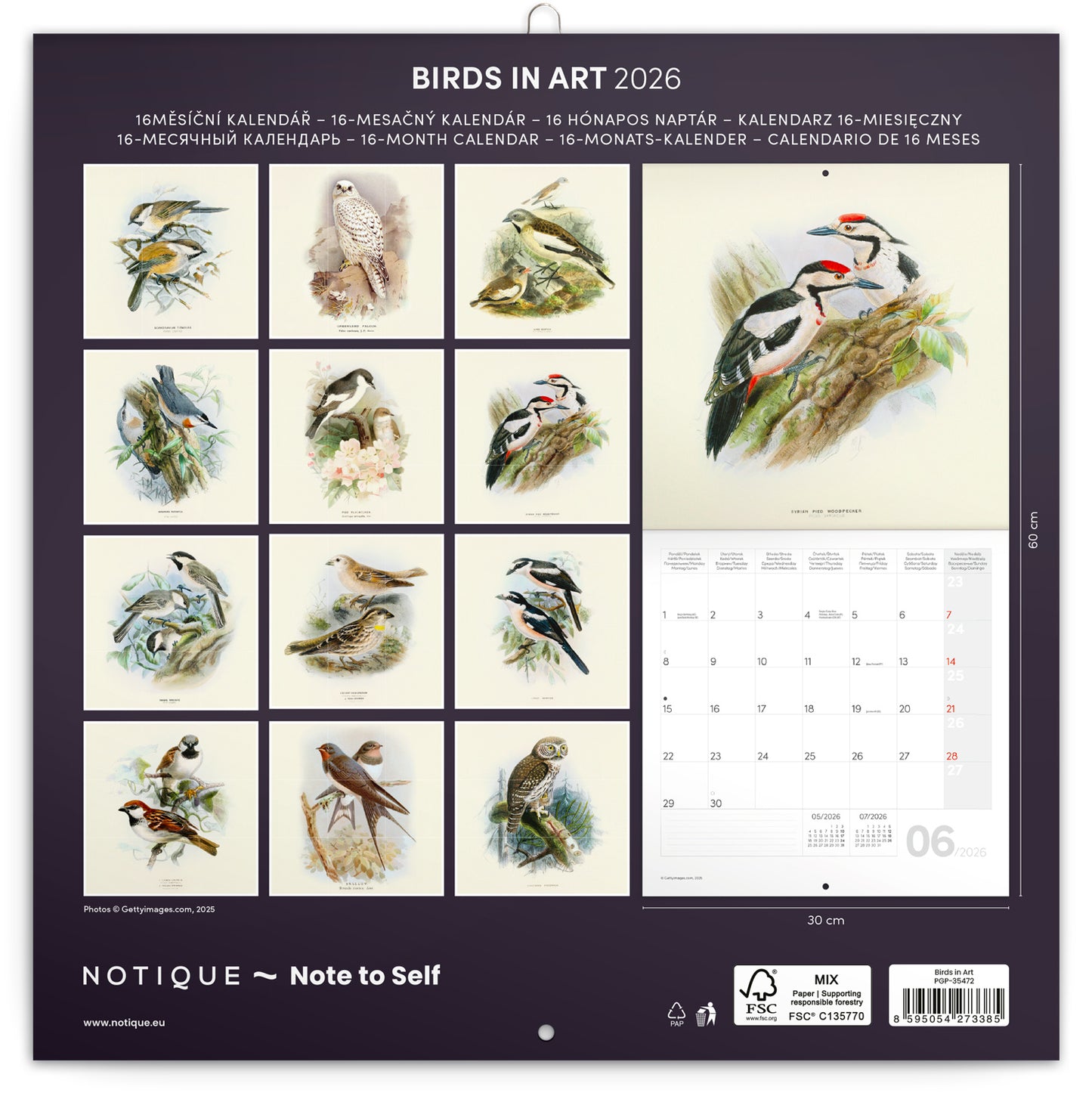 Grid calendar Birds in Art 2026, 30 x 30 cm