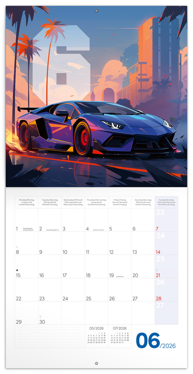 Grid calendar Fast Cars 2026, 30 x 30 cm