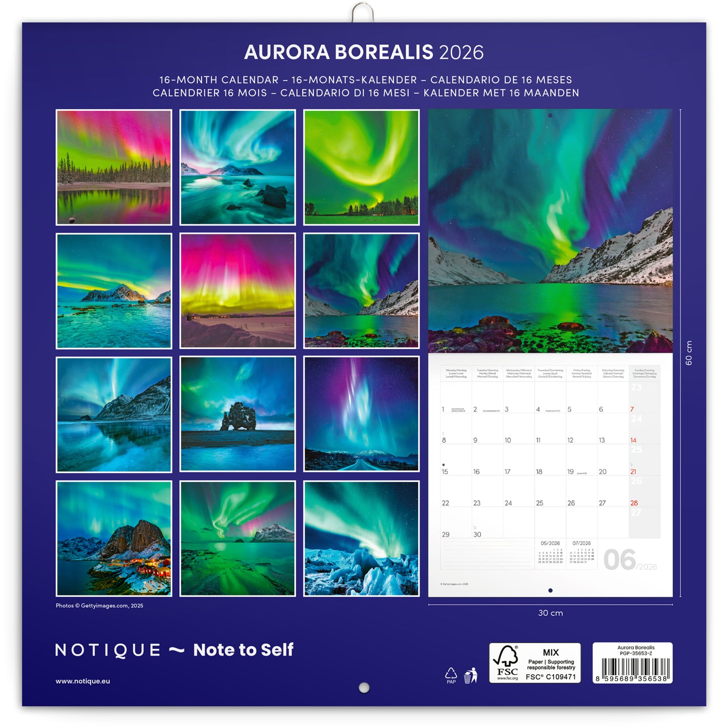Grid calendar Aurora Borealis 2026, 30 x 30 cm