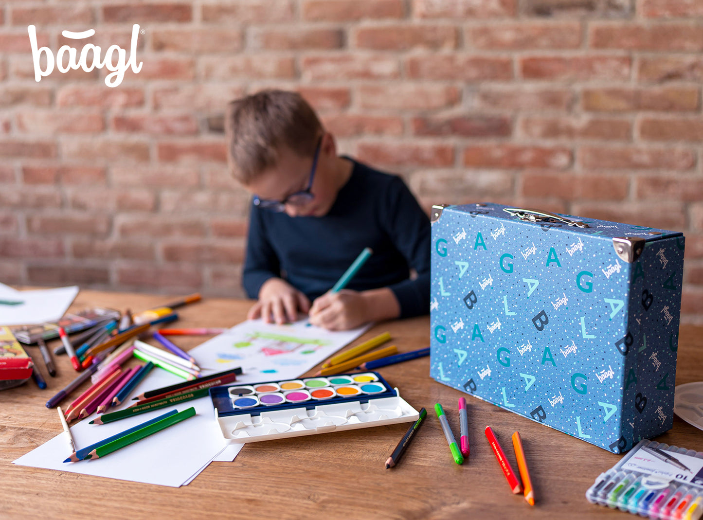 Foldable school supply box Logo - blue with ironwork