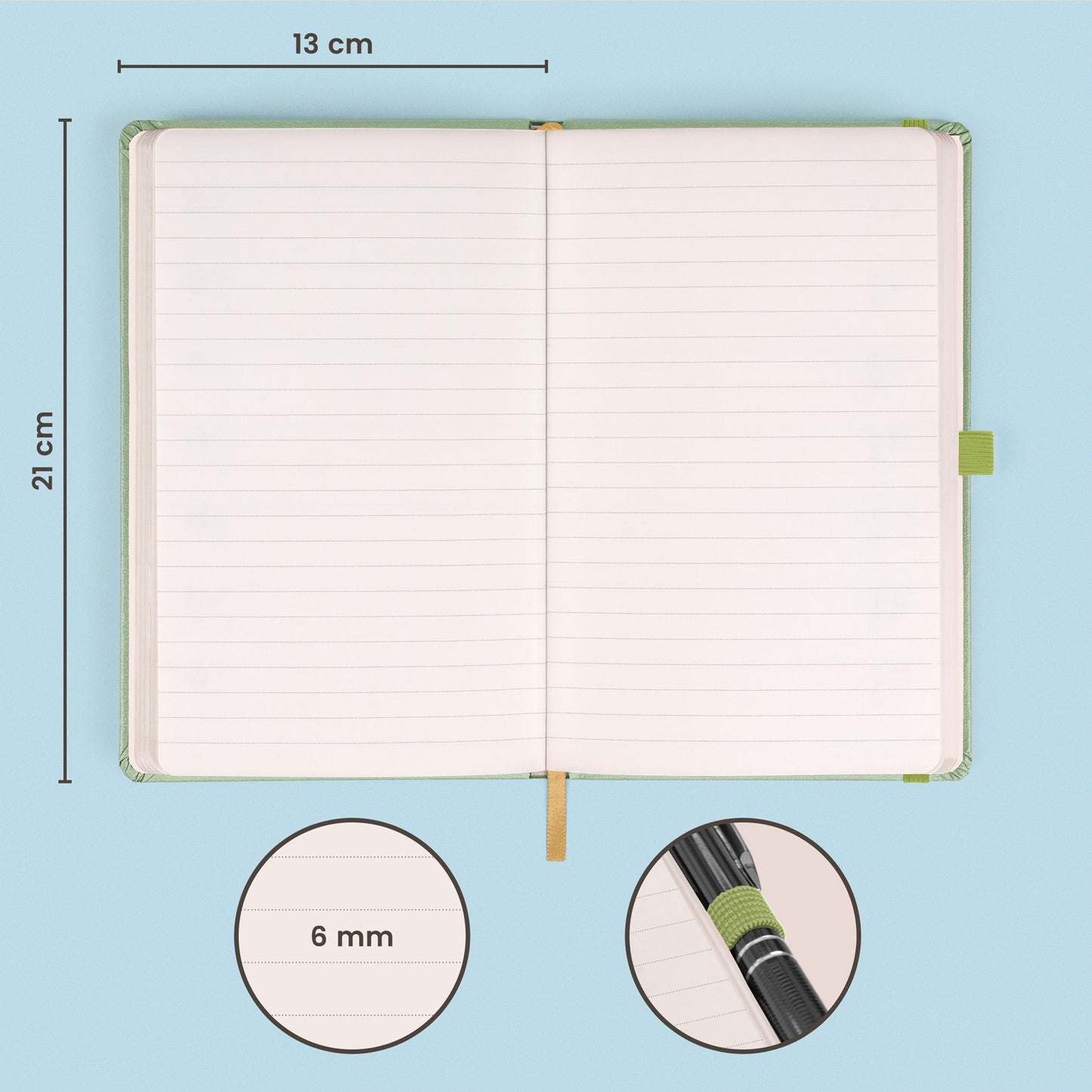 Notebook Green, lined, 13 × 21 cm