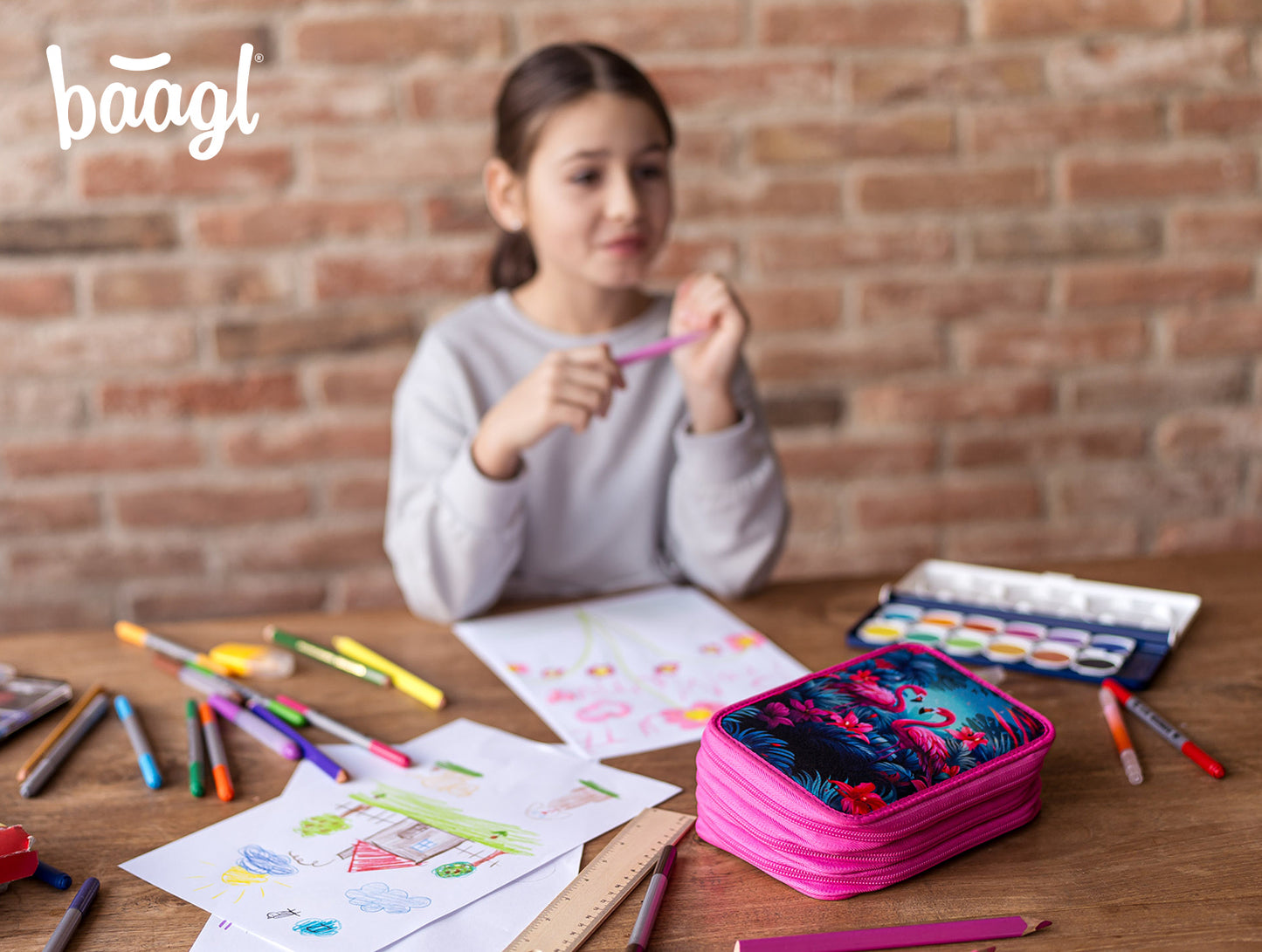 Three-tier pencil case Flamingos