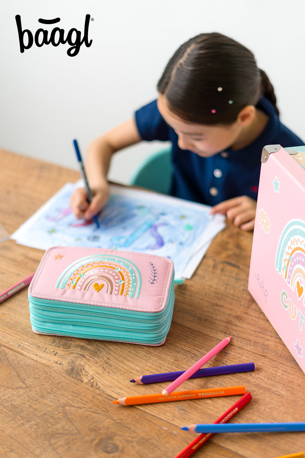 Three-tier pencil case Pink Rainbow