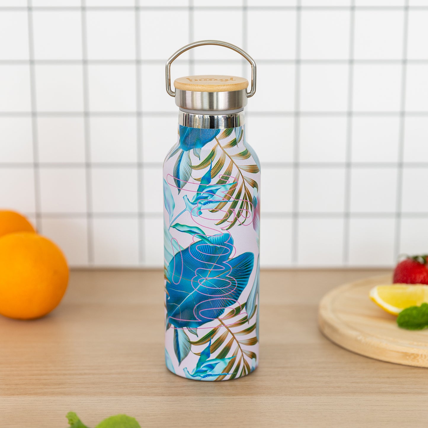 Thermo bottle with bamboo lid Leafs, 500 ml