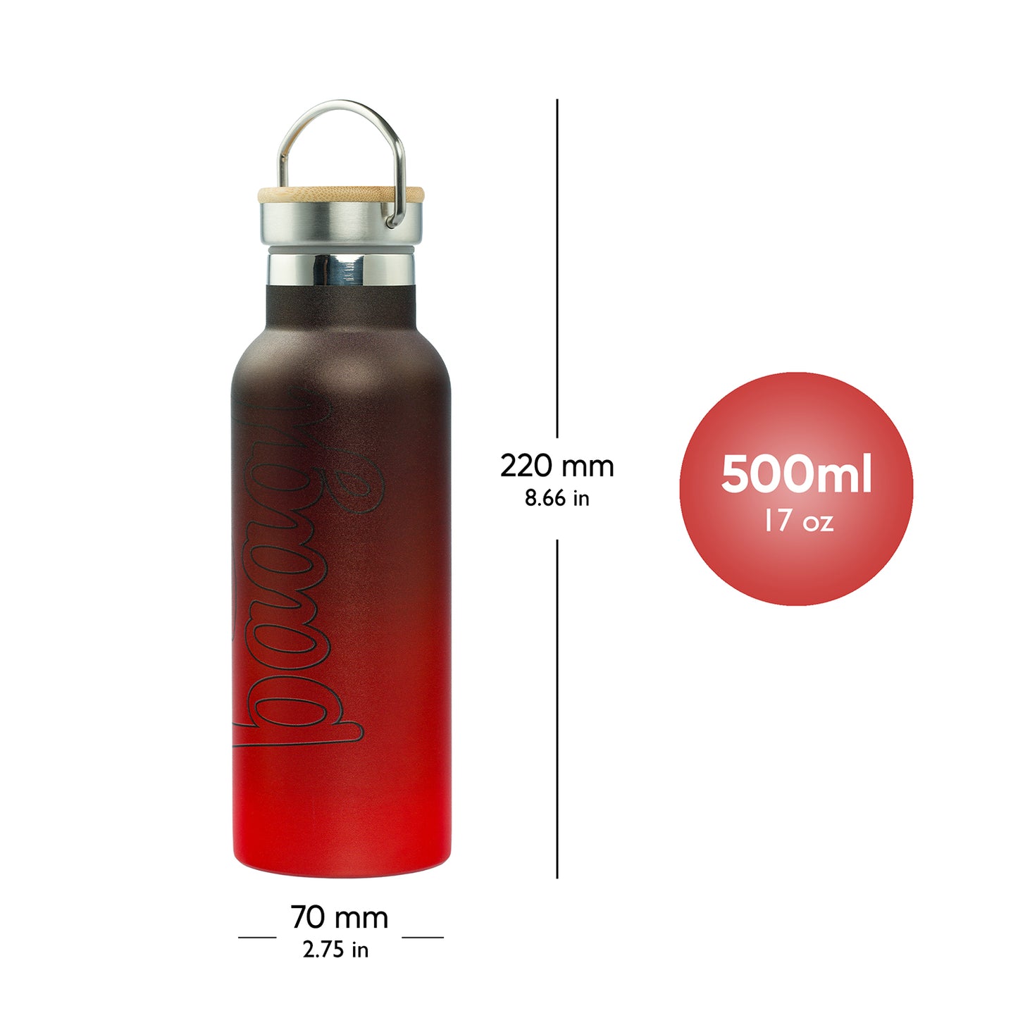 Thermo bottle with bamboo lid Gradient red-black, 500 ml