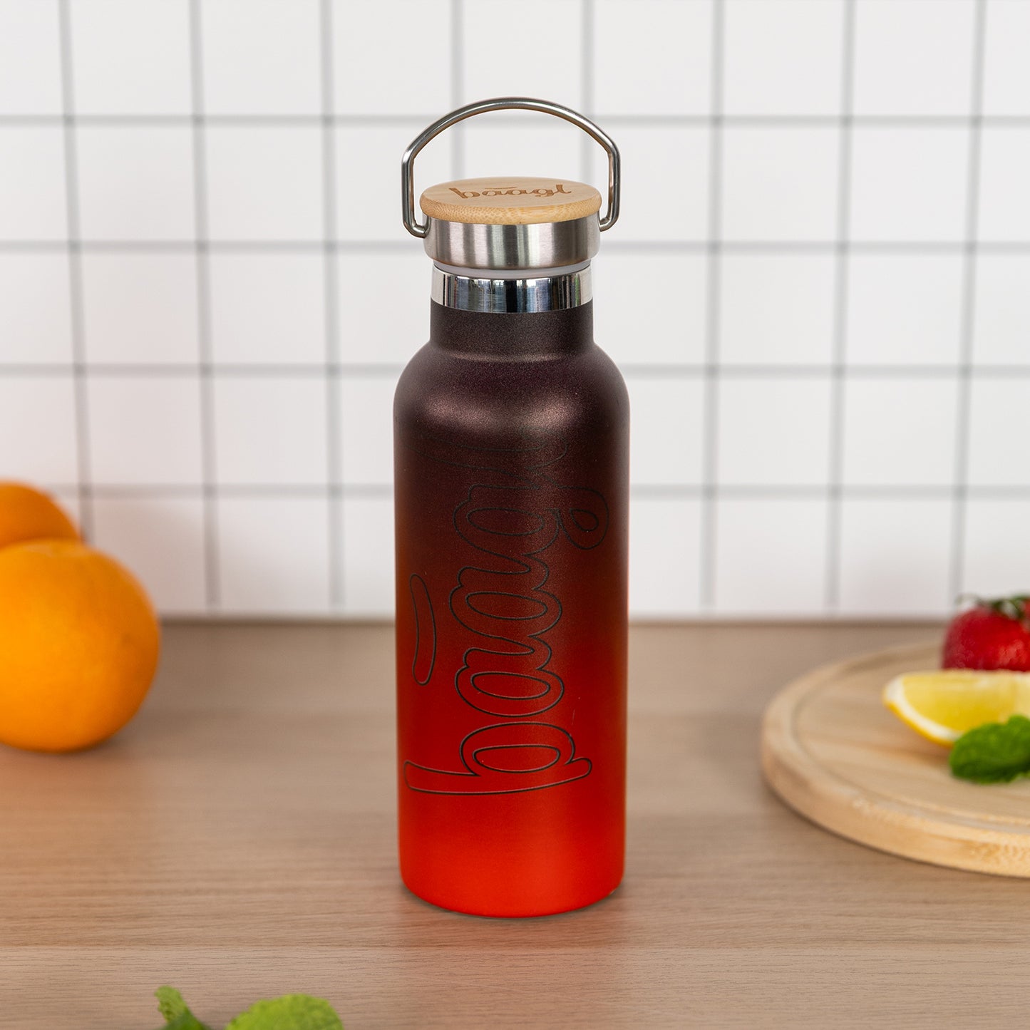 Thermo bottle with bamboo lid Gradient red-black, 500 ml