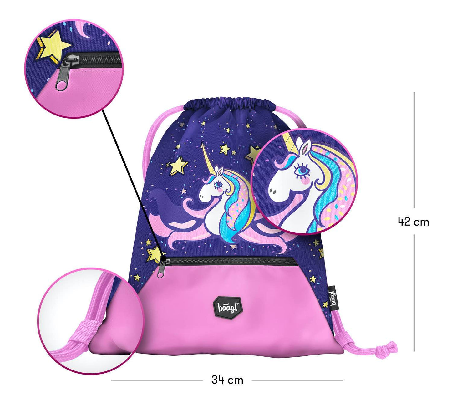 Gym sack  with zip pocket Unicorn