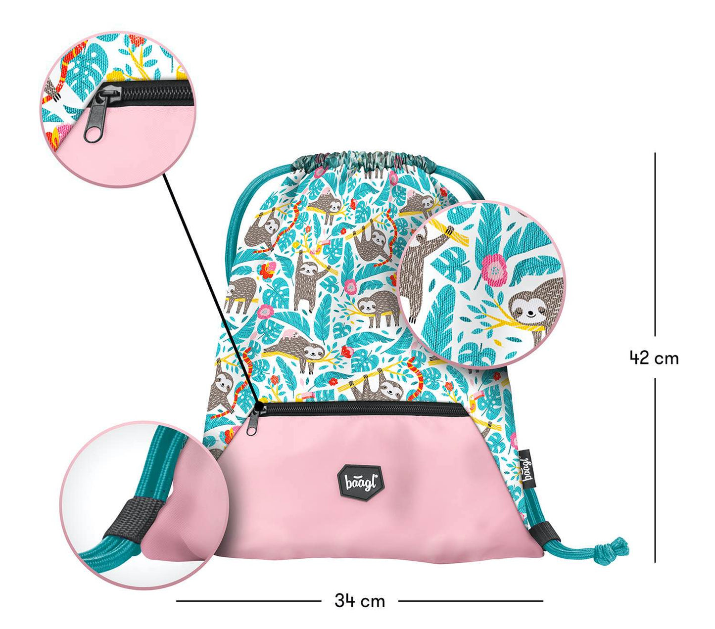 Gym sack with zip pocket Sloth