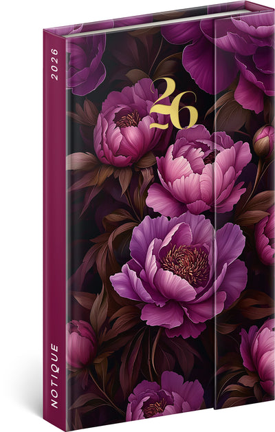 Magnetic weekly planner Purple Flowers 2026, 13 x 21 cm